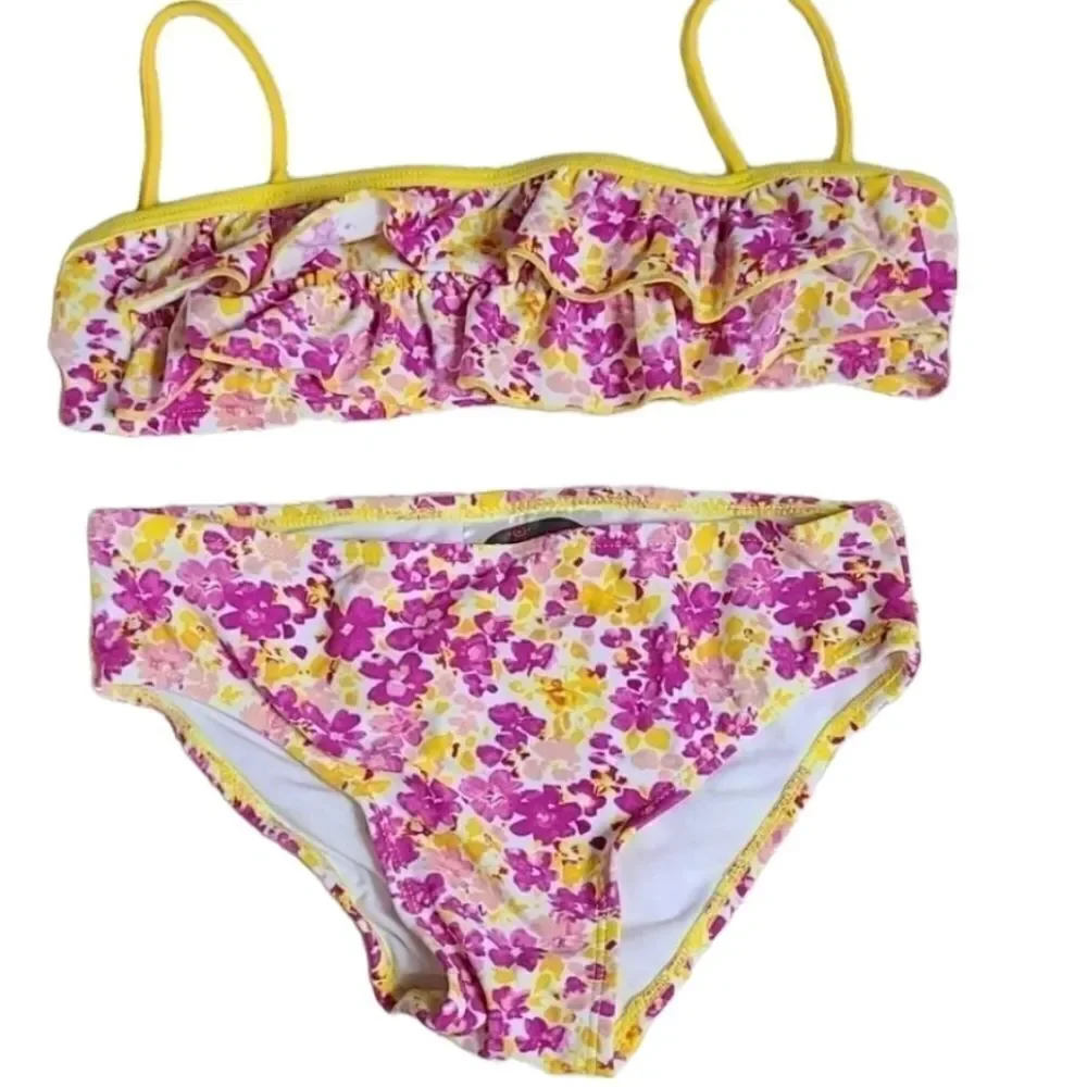 Coastalista Floral Bikini Swimsuit Set Girls Yellow Pink Ruffle Swimwear 4 6